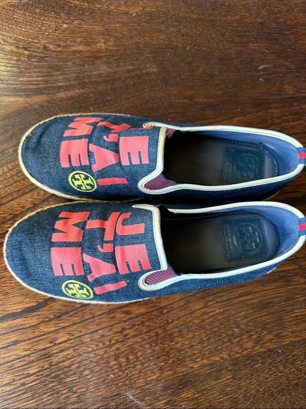 Tory Burch Navy Denim Espadrille Slip-Ons with Red Graphic